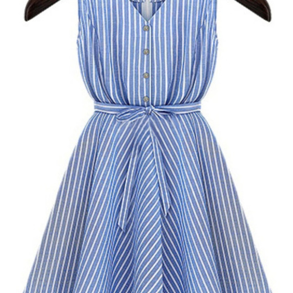Blue V Neck Belt Striped Dress
